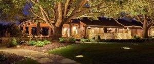 Beautifully lit outdoor living space with a stone pathway, mature trees, and a custom-designed patio under warm lighting.