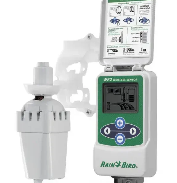 Wireless rain sensor for irrigation systems.